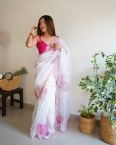 Vachi Elegant Floral Printed Cutwork Pure Organza Ivory White Saree